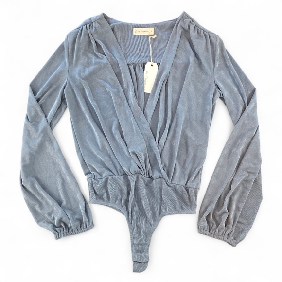 By Together Tops - By Together Gray Silver Shimmer Slinky Wrap Bodysuit Long Sleeve Sheer Size L
